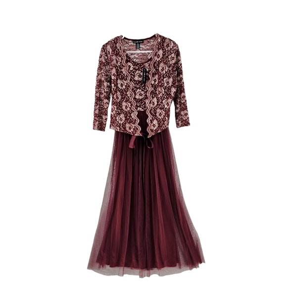 Candalite Women's Maroon Lace Attached Cardigan Tulle Skirt Prom Dress - PM - Picture 1 of 5